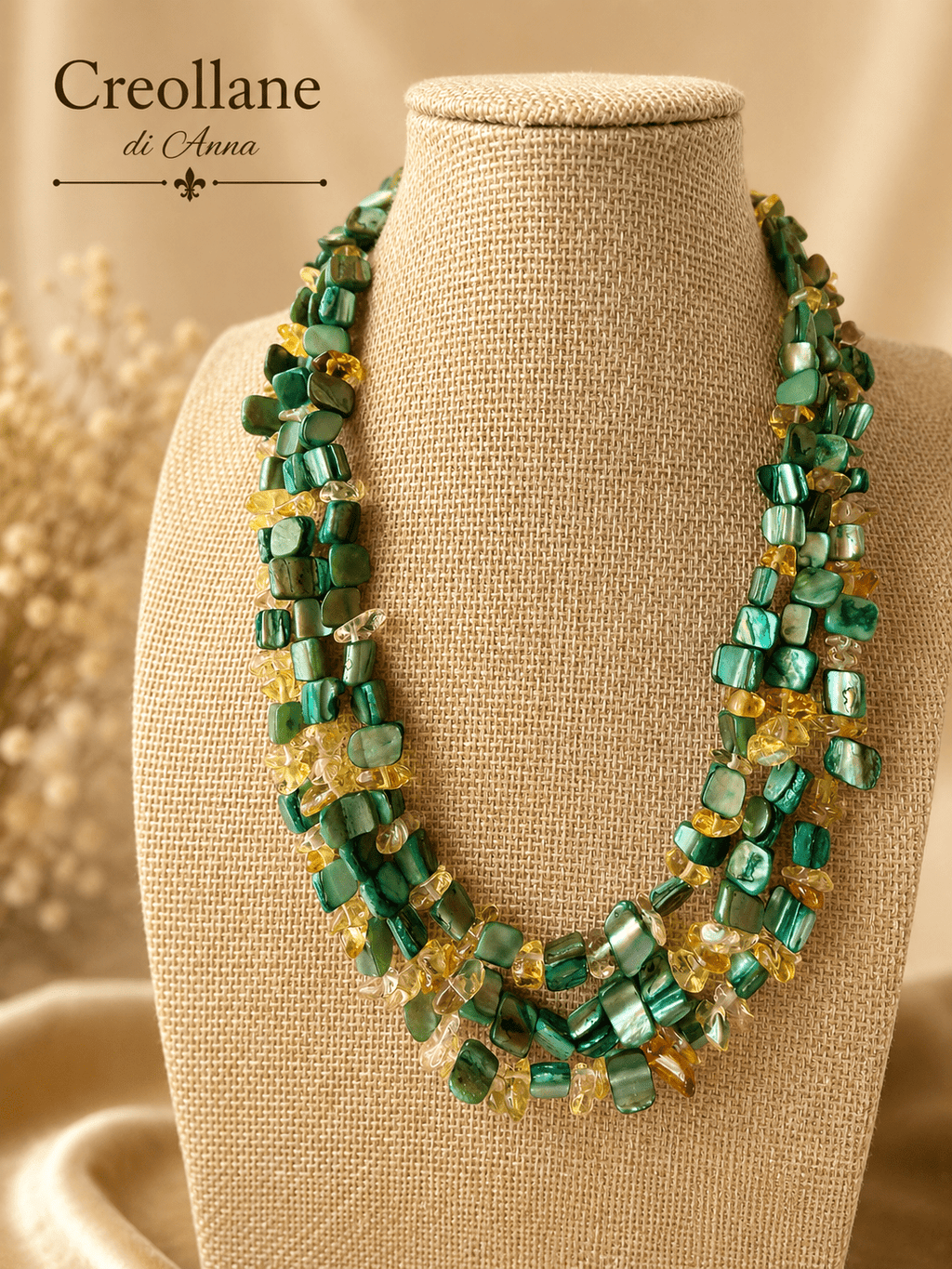 Collane Collana Multifilo Artigianale Handmade | Madreperla Verde e Quarzo Citrino a Chips | Made in Italy - Handmade Made in Italy