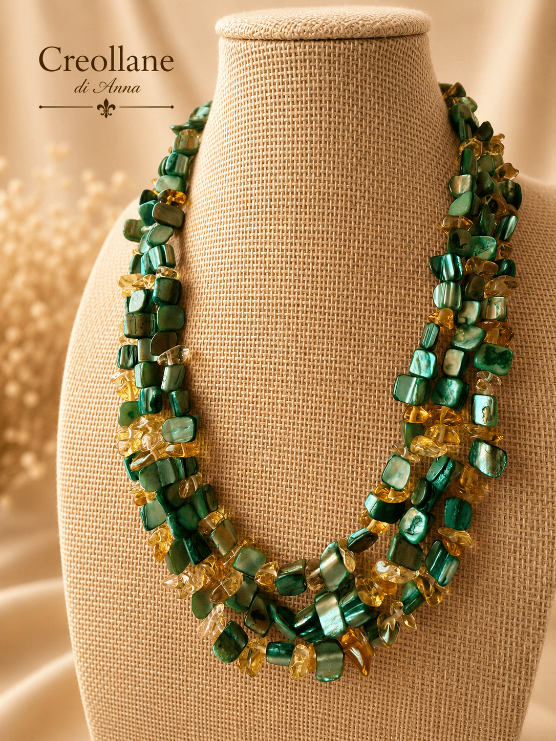 Collane Collana Multifilo Artigianale Handmade | Madreperla Verde e Quarzo Citrino a Chips | Made in Italy - Handmade Made in Italy