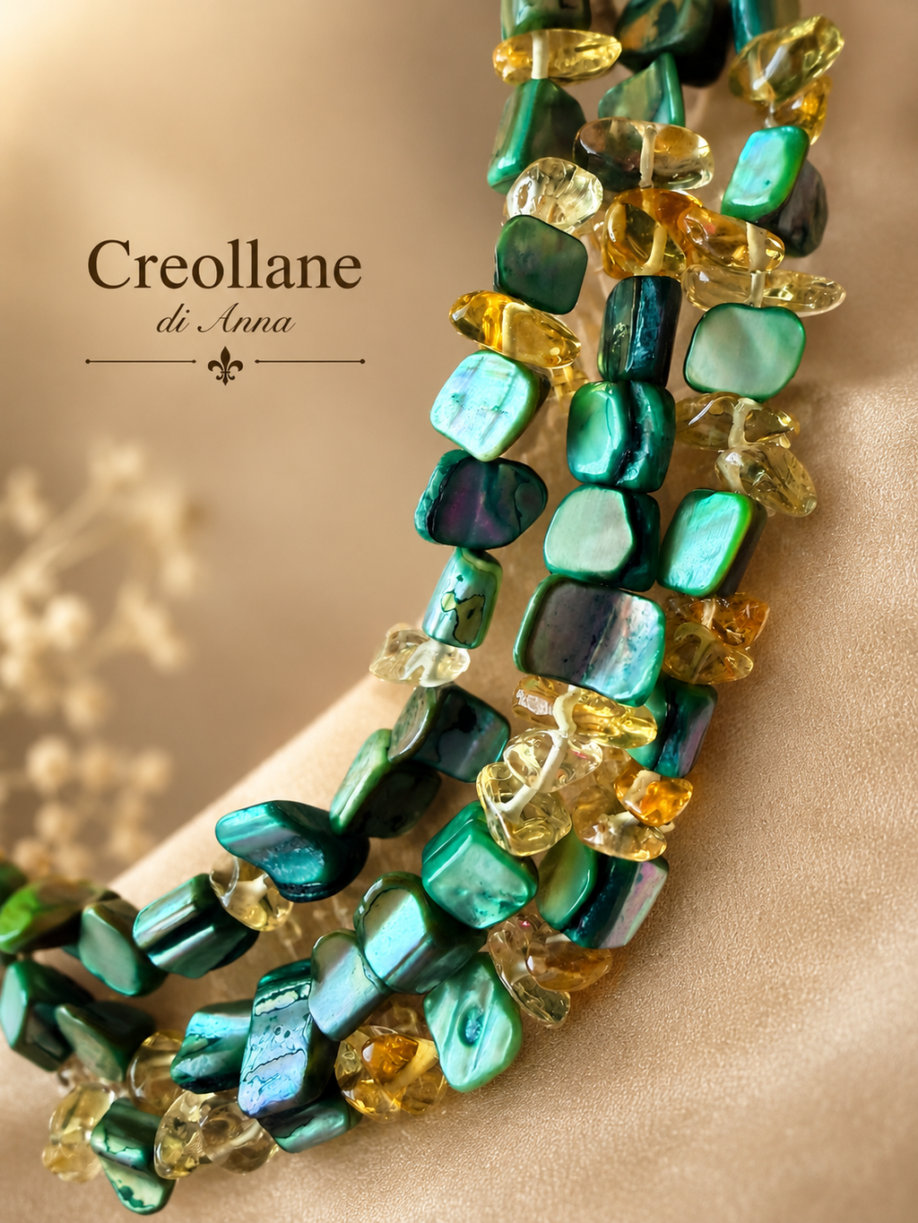 Collane Collana Multifilo Artigianale Handmade | Madreperla Verde e Quarzo Citrino a Chips | Made in Italy - Handmade Made in Italy
