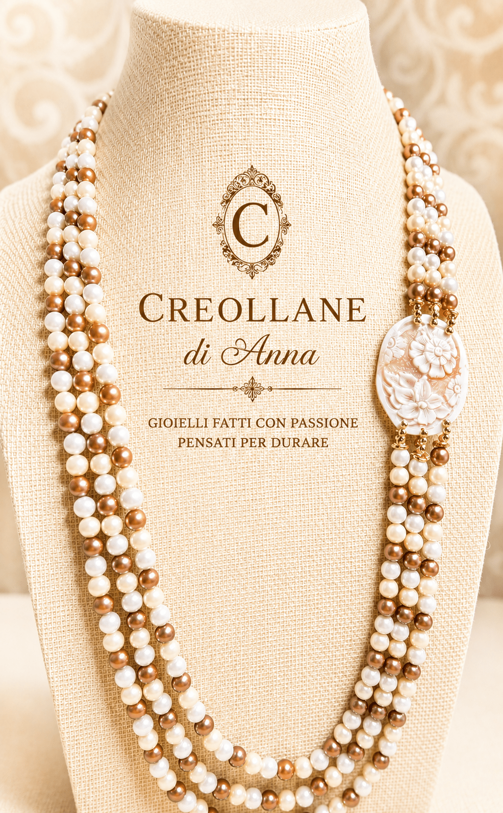 Collane Collana Multifilo Artigianale Handmade | Perle di Maiorca e Cameo Floreale in Conchiglia | Made in Italy - Handmade Made in Italy