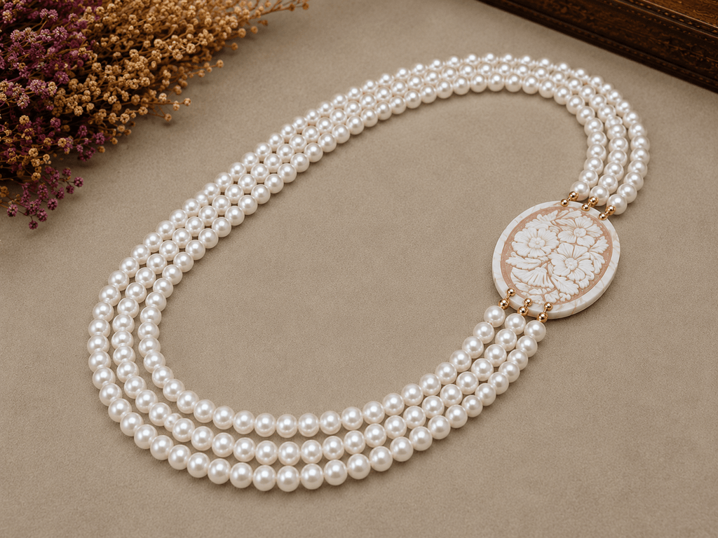 Collane Collana Multifilo Artigianale Handmade | Perle Maiorca Bianche 3 Fili e Cameo Floreale | Made in Italy - Handmade Made in Italy