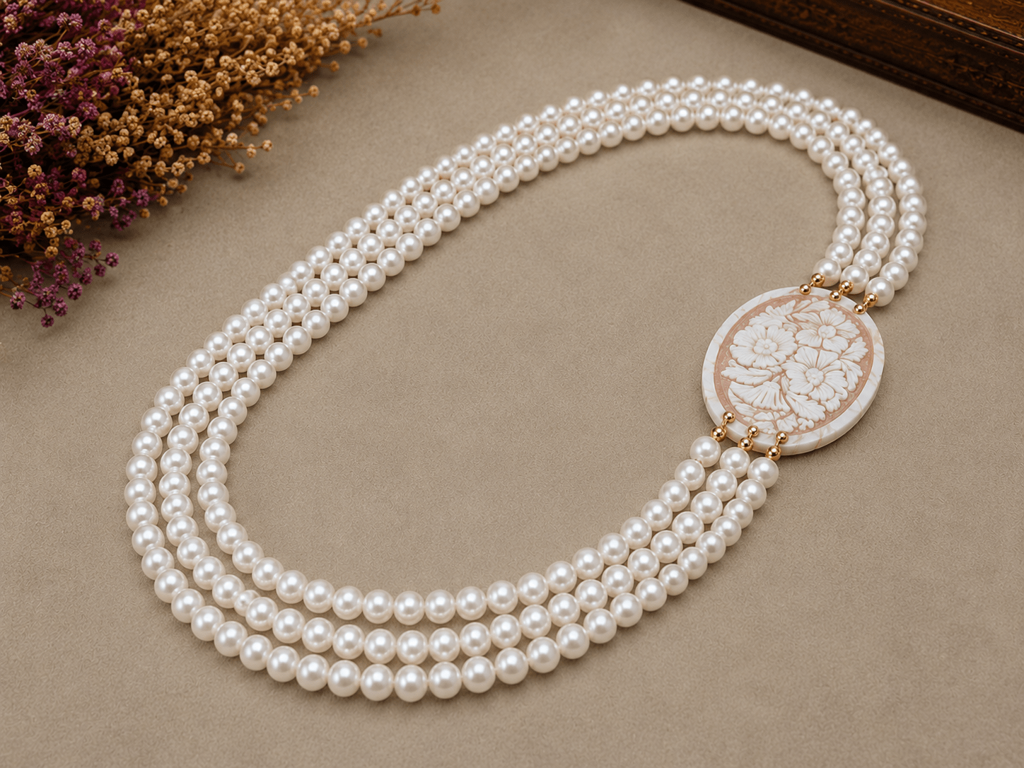 Collane Collana Multifilo Artigianale Handmade | Perle Maiorca Bianche 3 Fili e Cameo Floreale | Made in Italy - Handmade Made in Italy