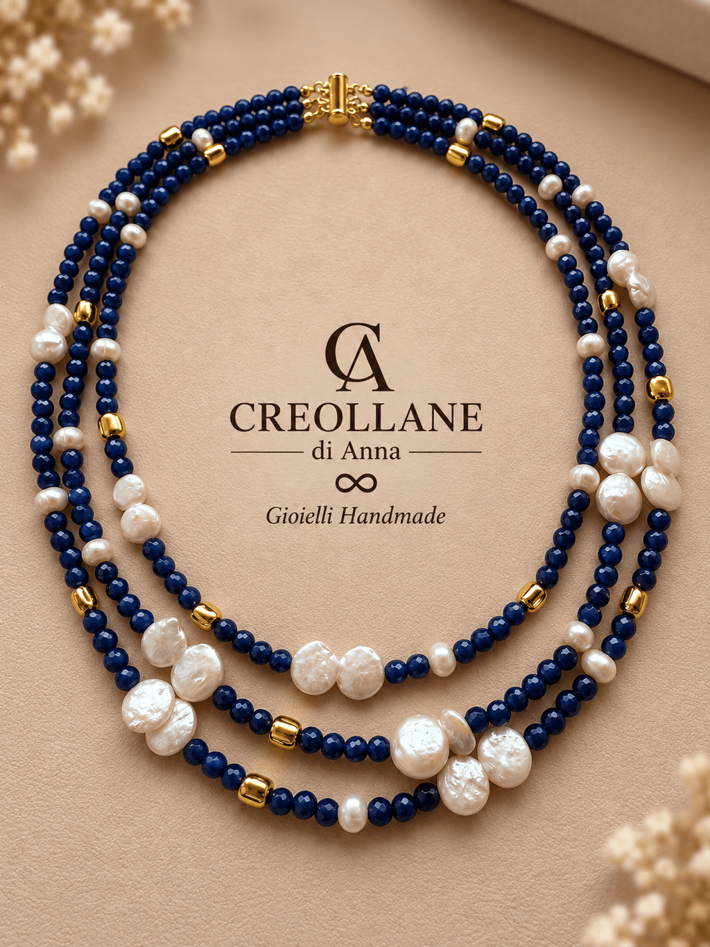 Collane Collana Multifilo Occhio di Gatto Blu, Ematite Oro e Perle Barocche | Made in Italy - Handmade Made in Italy