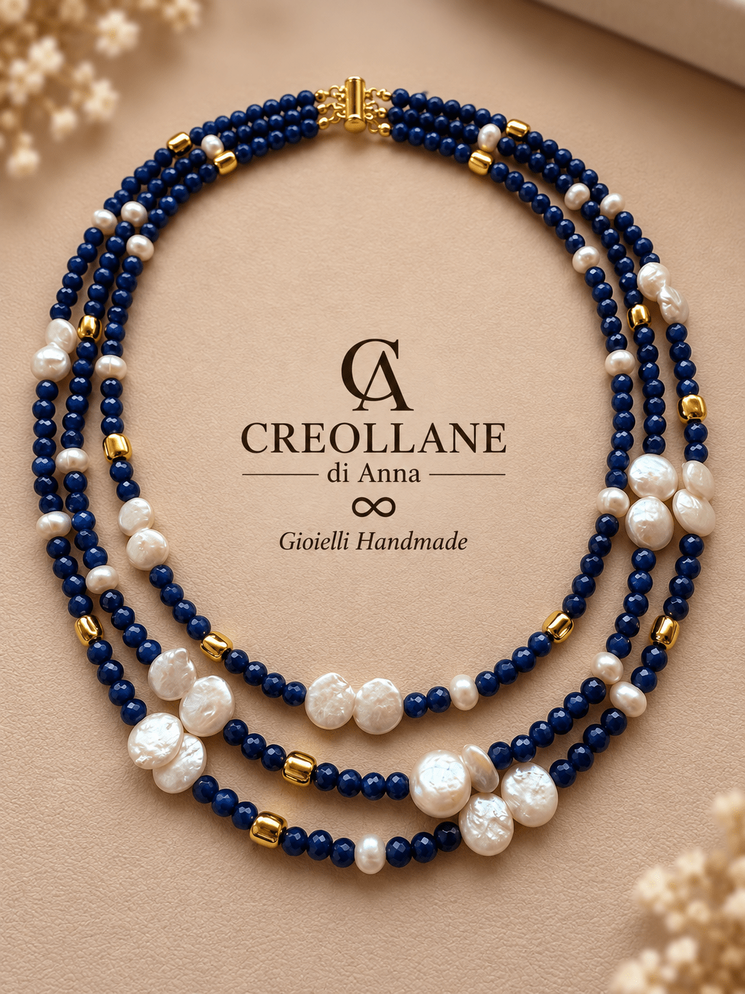 Collane Collana Multifilo Occhio di Gatto Blu, Ematite Oro e Perle Barocche | Made in Italy - Handmade Made in Italy