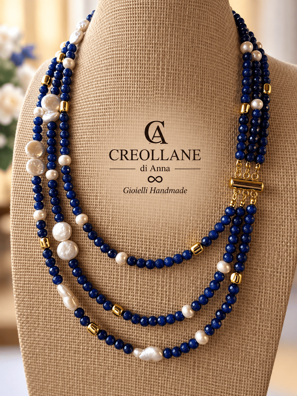 Collane Collana Multifilo Occhio di Gatto Blu, Ematite Oro e Perle Barocche | Made in Italy - Handmade Made in Italy