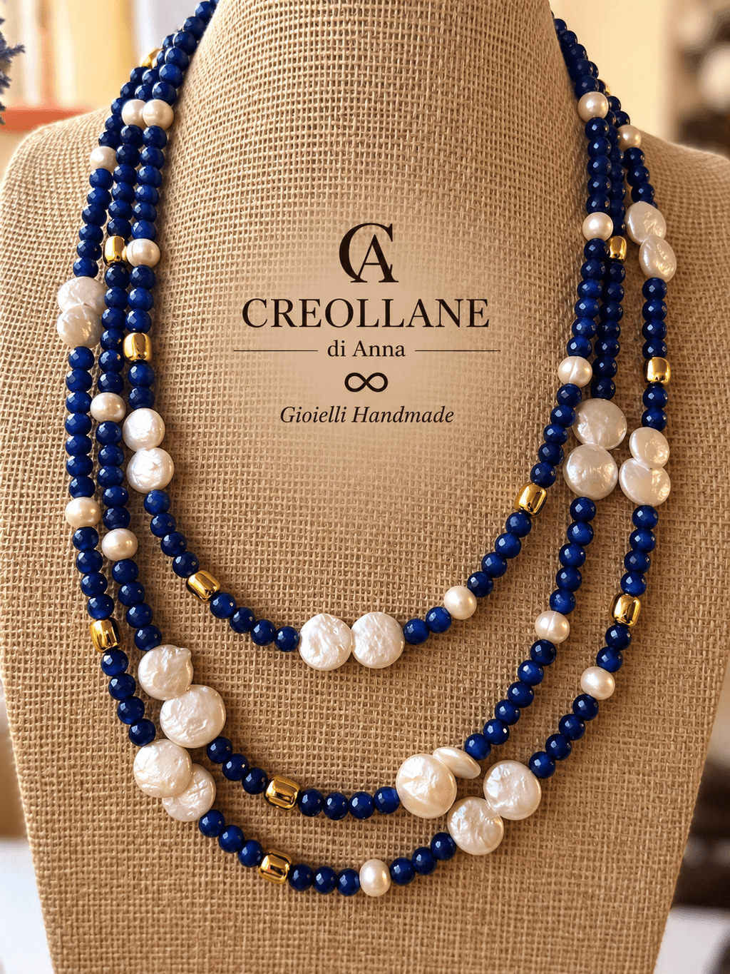 Collane Collana Multifilo Occhio di Gatto Blu, Ematite Oro e Perle Barocche | Made in Italy - Handmade Made in Italy