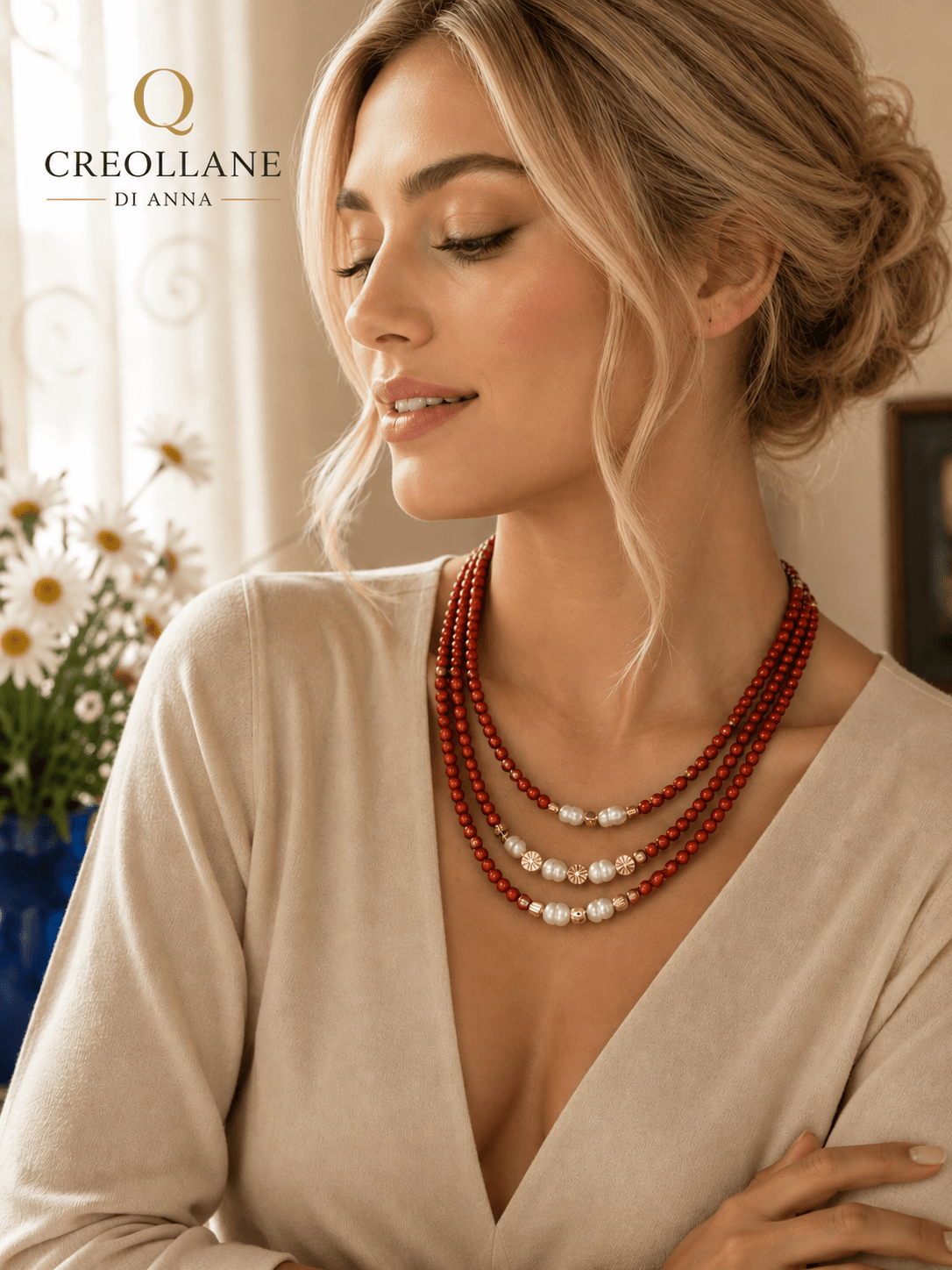 Collane Collana Multifilo Pasta di Corallo Rosso e Perle d'Acqua Dolce | Made in Italy - Handmade Made in Italy