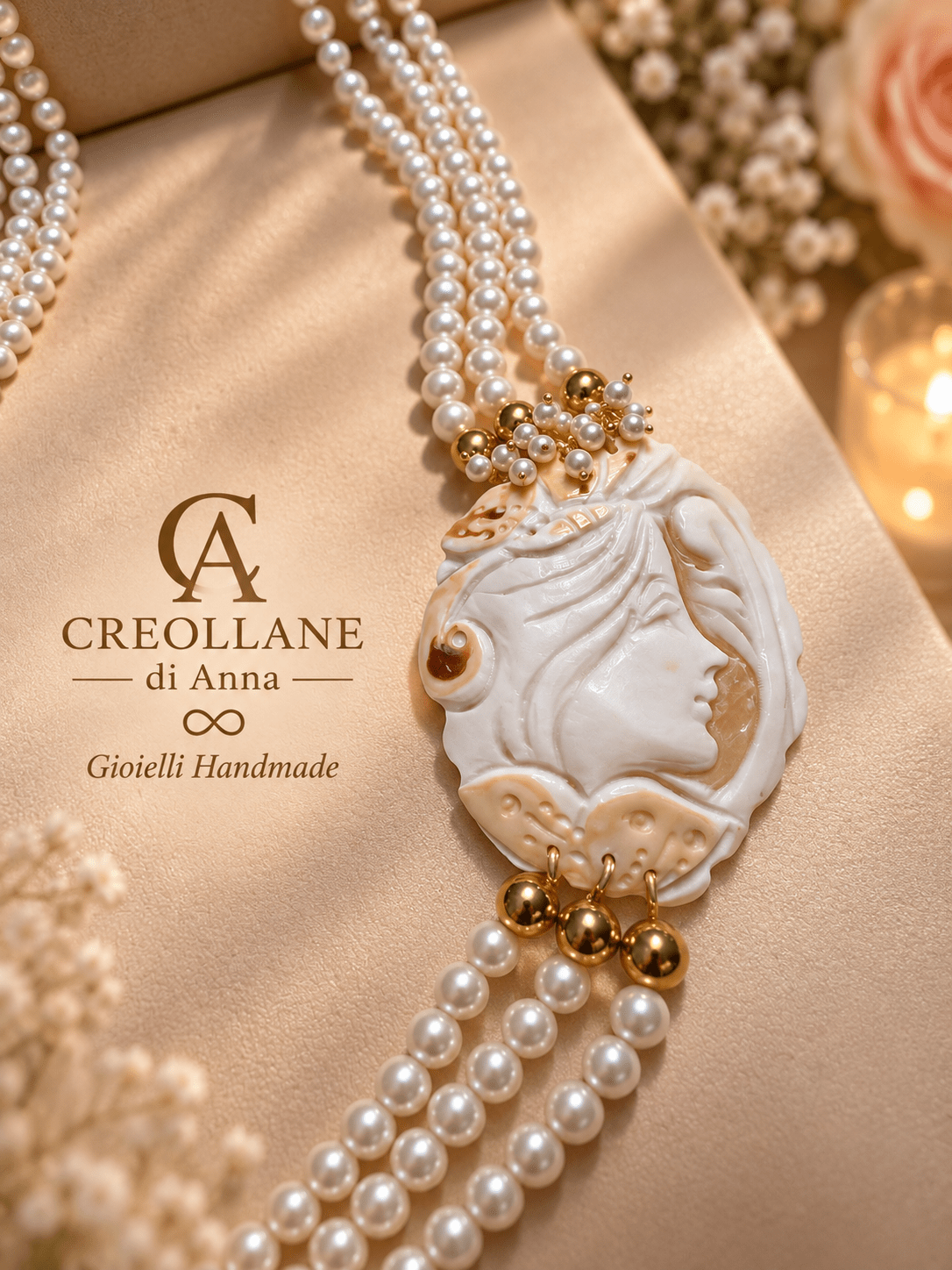 Collane Collana Multifilo Perle Maiorca Bianche con Cameo - Handmade Made in Italy