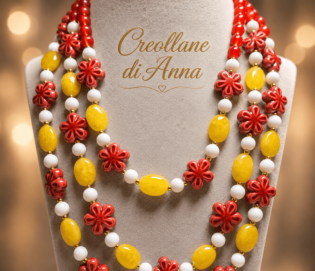 Collane Collana Multistrato Artigianale Handmade | Giada Gialla, Agata Bianca e Ceramica a Fiore | Made in Italy - Handmade Made in Italy