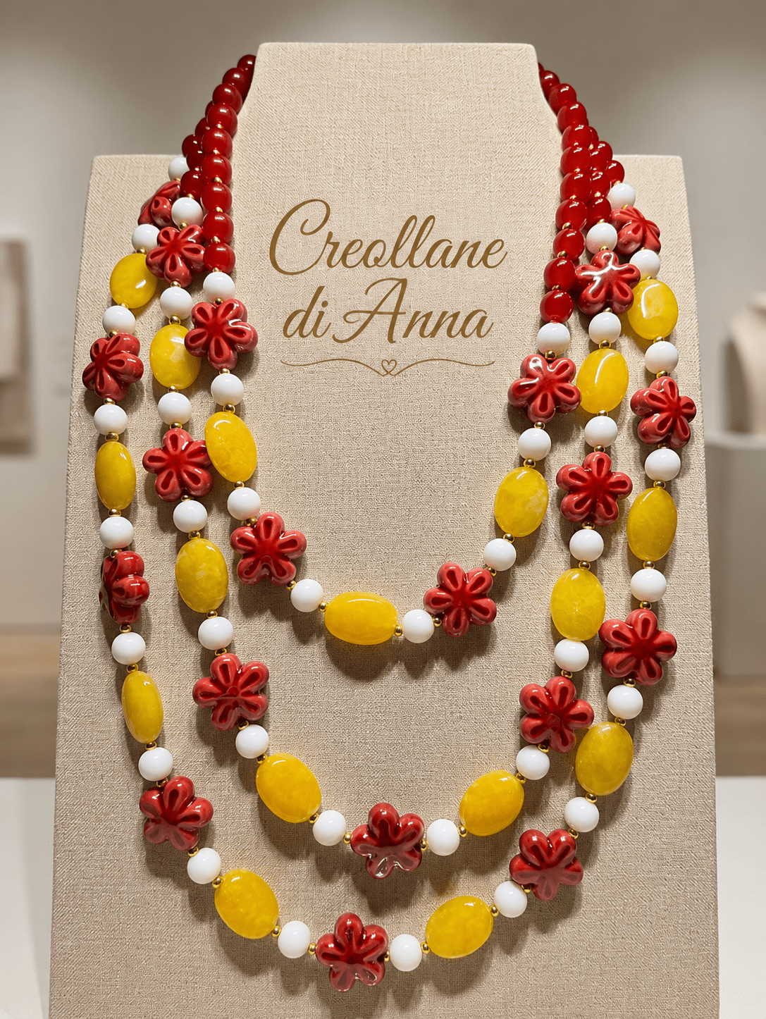 Collane Collana Multistrato Artigianale Handmade | Giada Gialla, Agata Bianca e Ceramica a Fiore | Made in Italy - Handmade Made in Italy