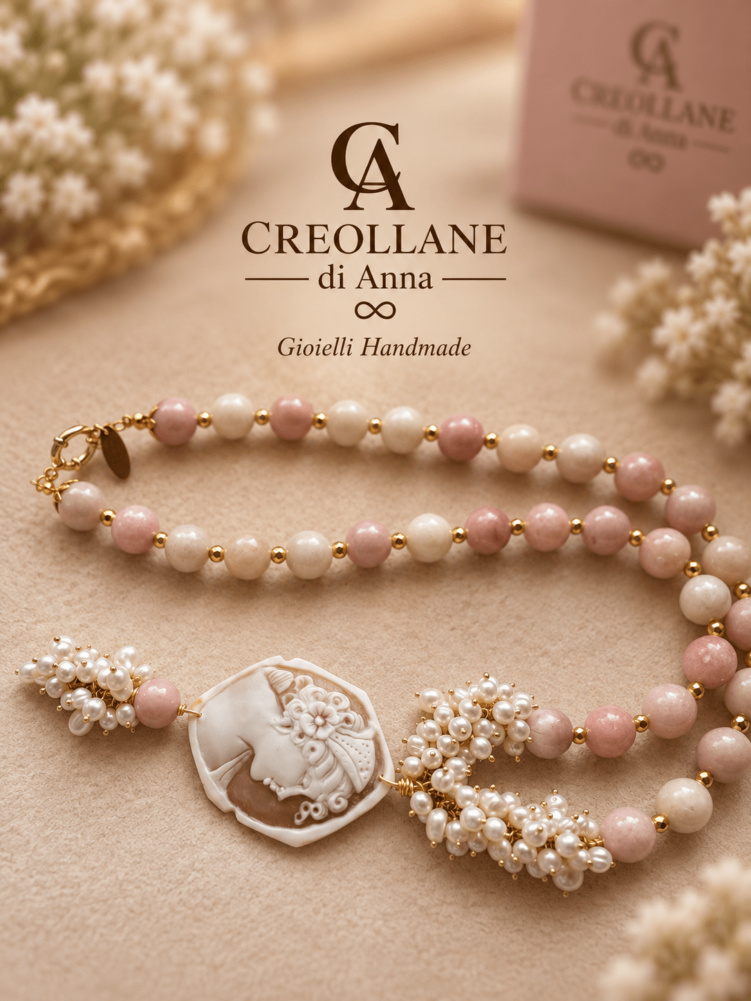 Collane Collana Pietre Naturali – Opale Rosa, Perle di Fiume Naturali e Cameo in Conchiglia con Ciondolo | Made in Italy - Handmade Made in Italy