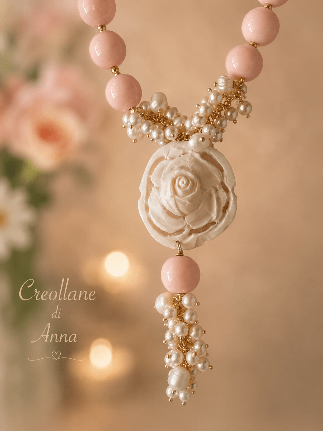 Collane Collana Pietre Naturali – Opale Rosa, Perle di Maiorca e Cameo in Conchiglia con Ciondolo | Made in Italy - Handmade Made in Italy