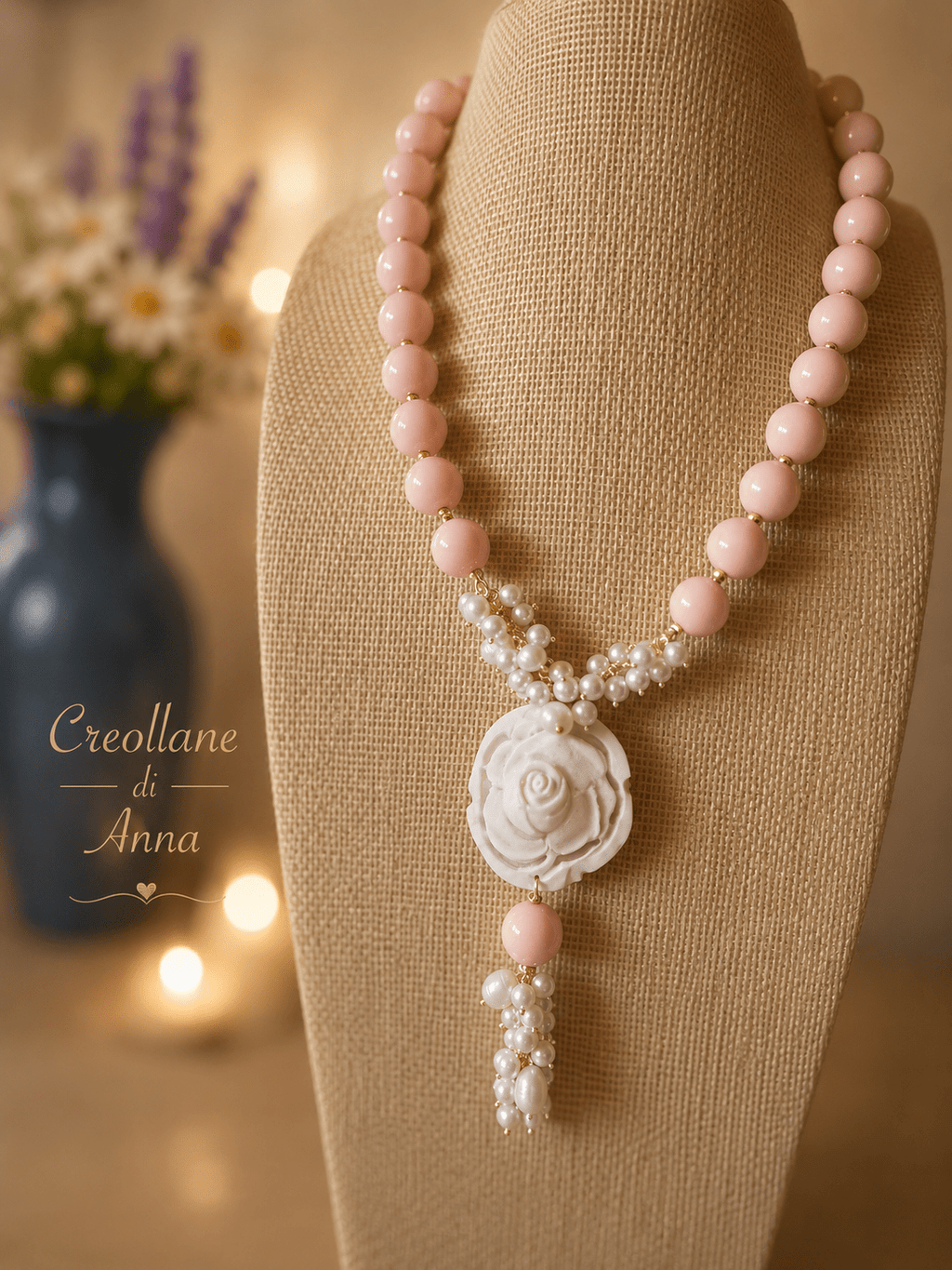 Collana Pietre Naturali – Opale Rosa, Perle di Maiorca e Cameo in Conchiglia con Ciondolo | Made in Italy