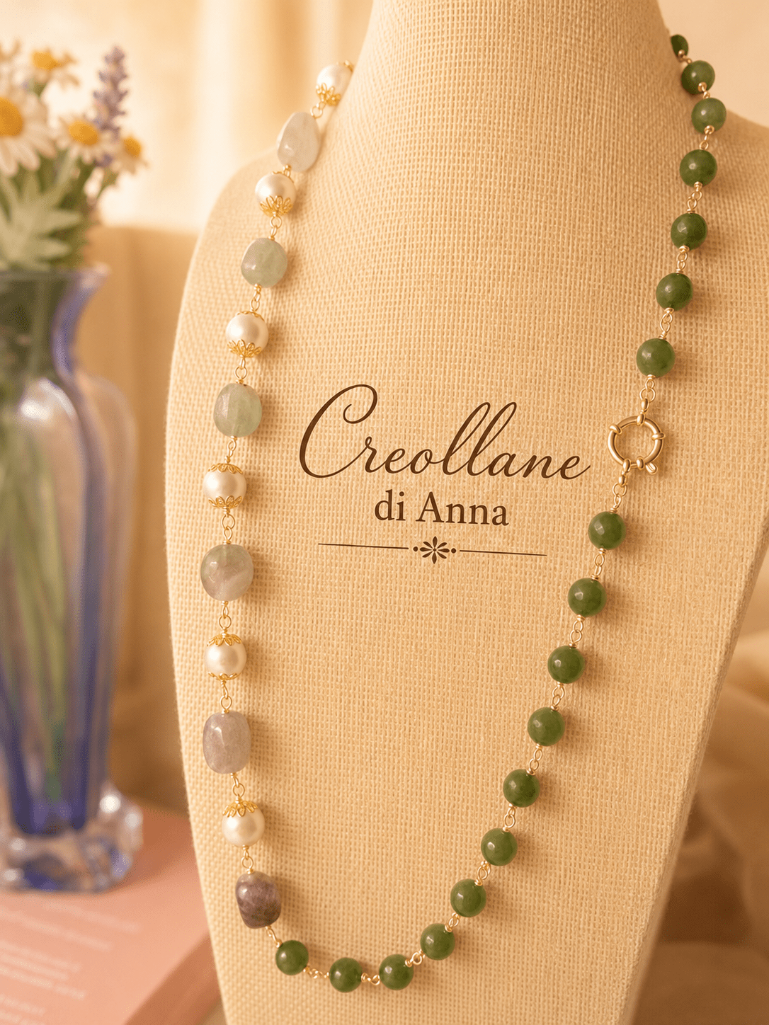 Collane Collana Rosario Pietre Naturali – Fluorite, Crisoprasio Verde e Perle di Maiorca Bianco Caldo - Handmade Made in Italy