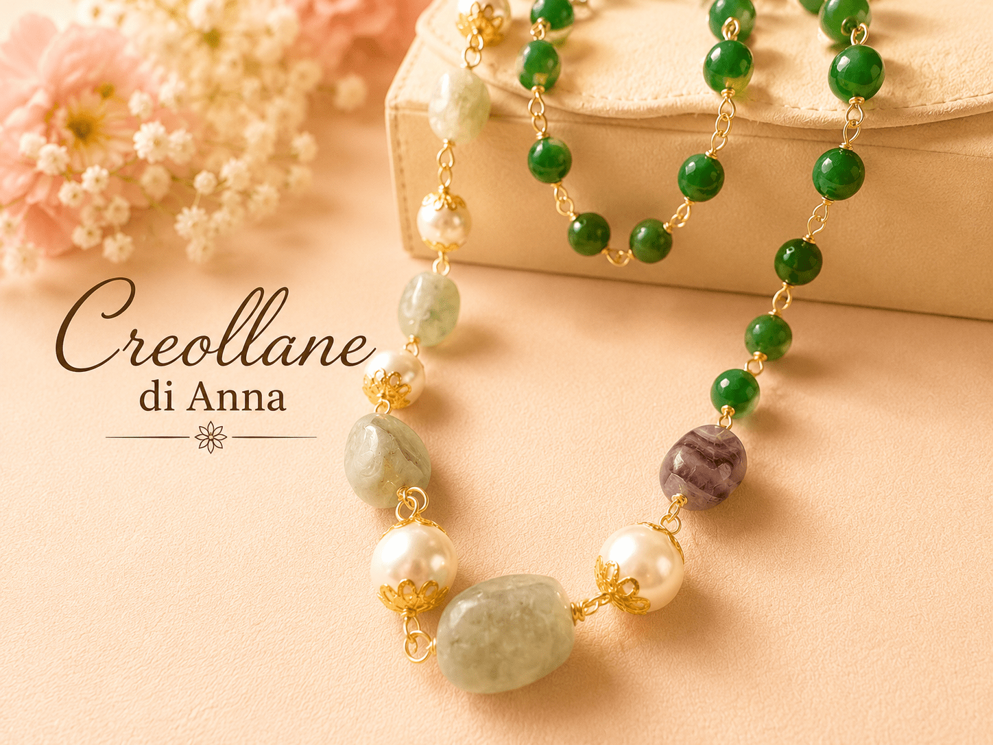 Collane Collana Rosario Pietre Naturali – Fluorite, Crisoprasio Verde e Perle di Maiorca Bianco Caldo - Handmade Made in Italy