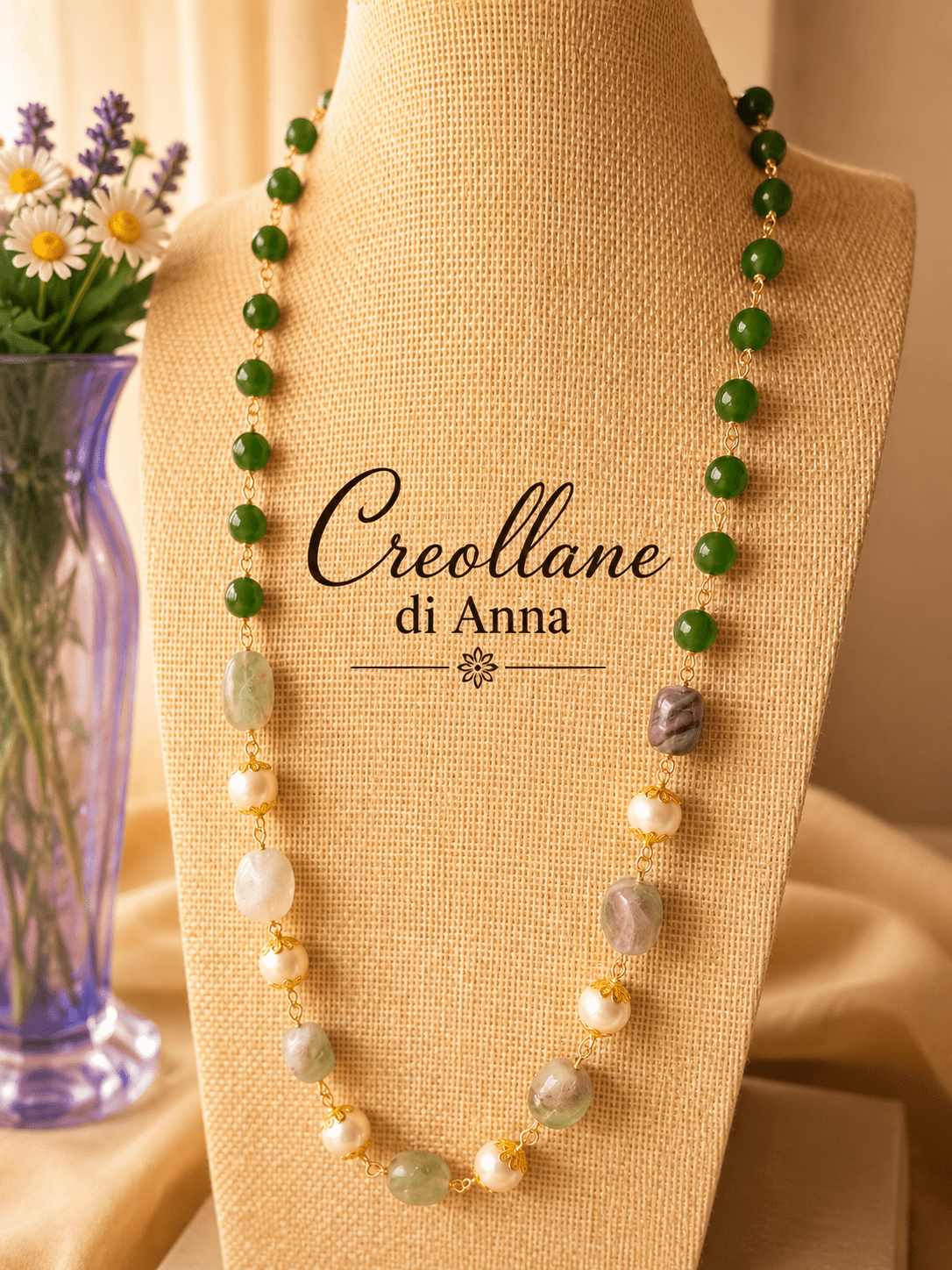 Collane Collana Rosario Pietre Naturali – Fluorite, Crisoprasio Verde e Perle di Maiorca Bianco Caldo - Handmade Made in Italy