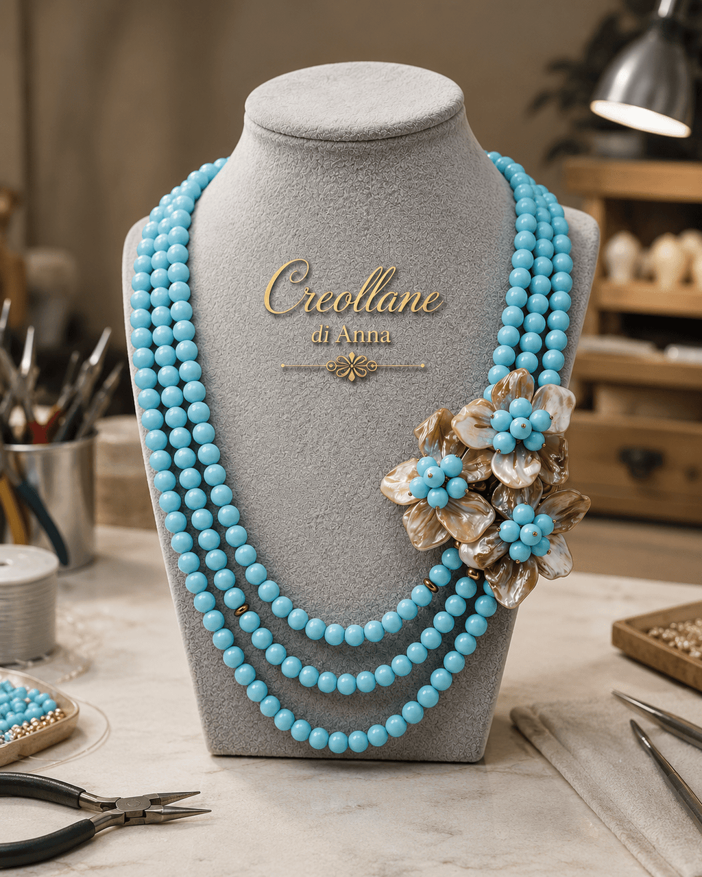 Collane Collana Tre Fili Artigianale Handmade | Pasta di Turchese, Perle Naturali e Madreperla | Made in Italy - Handmade Made in Italy