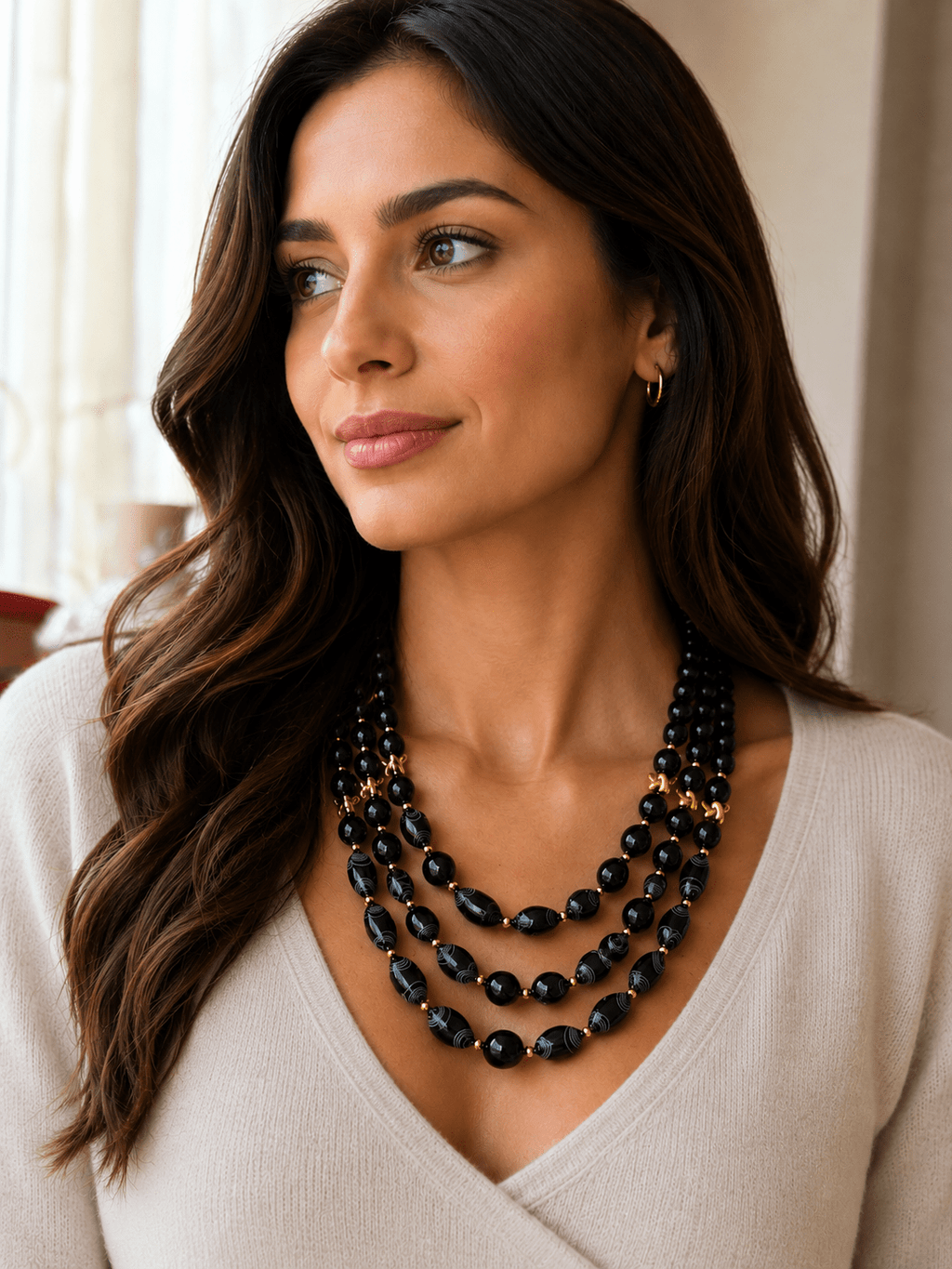 Collane Collana Triplo Filo | Onice Nero Liscio e Inciso a Laser, Ematite Oro e Nodo in Lega | Made in Italy - Handmade Made in Italy