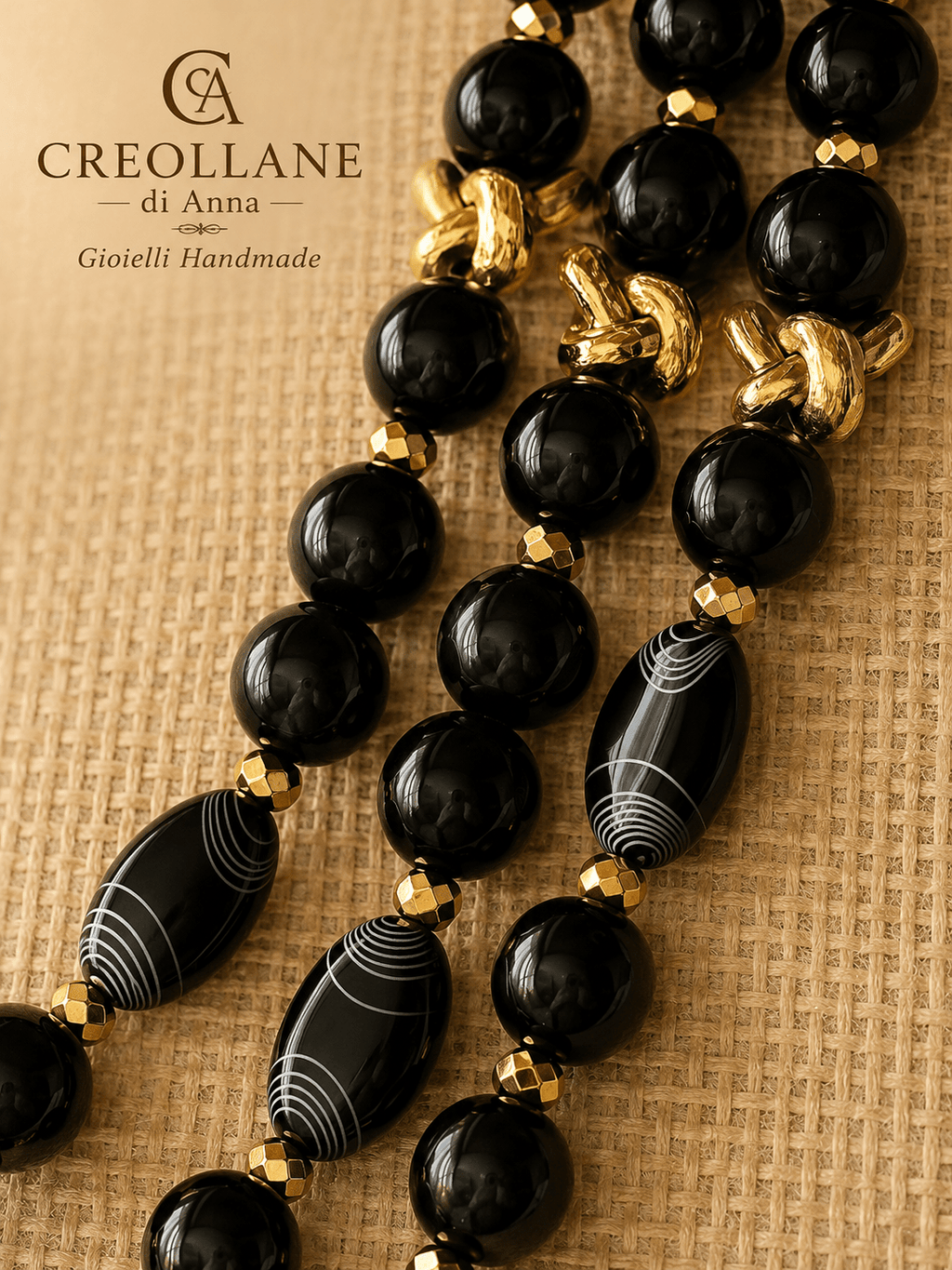 Collane Collana Triplo Filo | Onice Nero Liscio e Inciso a Laser, Ematite Oro e Nodo in Lega | Made in Italy - Handmade Made in Italy