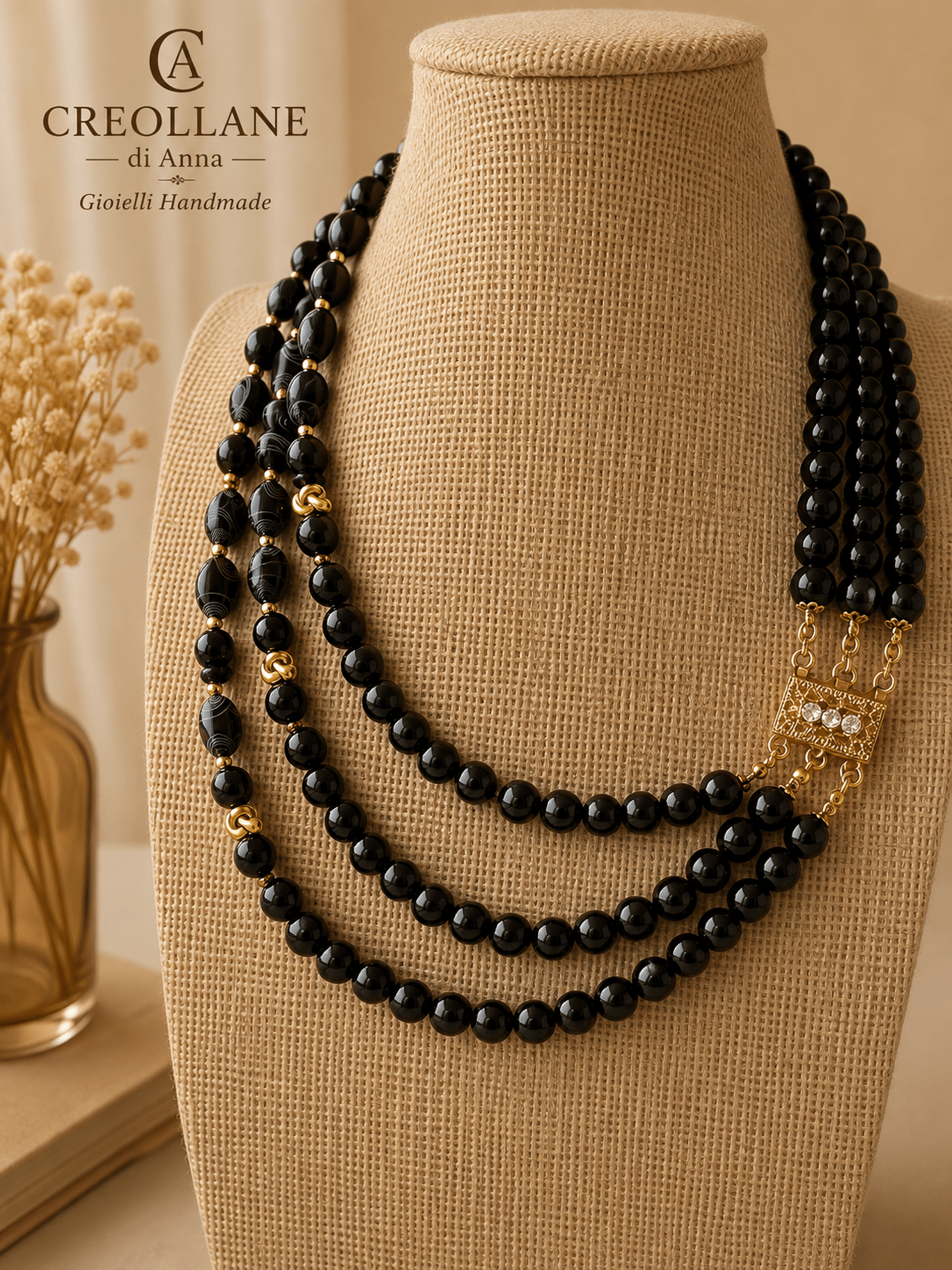 Collane Collana Triplo Filo | Onice Nero Liscio e Inciso a Laser, Ematite Oro e Nodo in Lega | Made in Italy - Handmade Made in Italy