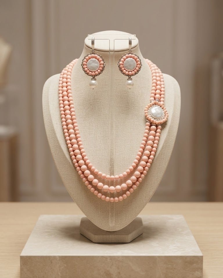 Collane Set Collana e Orecchini in Opale Rosa e Perla Naturale | Handmade Italia - Handmade Made in Italy