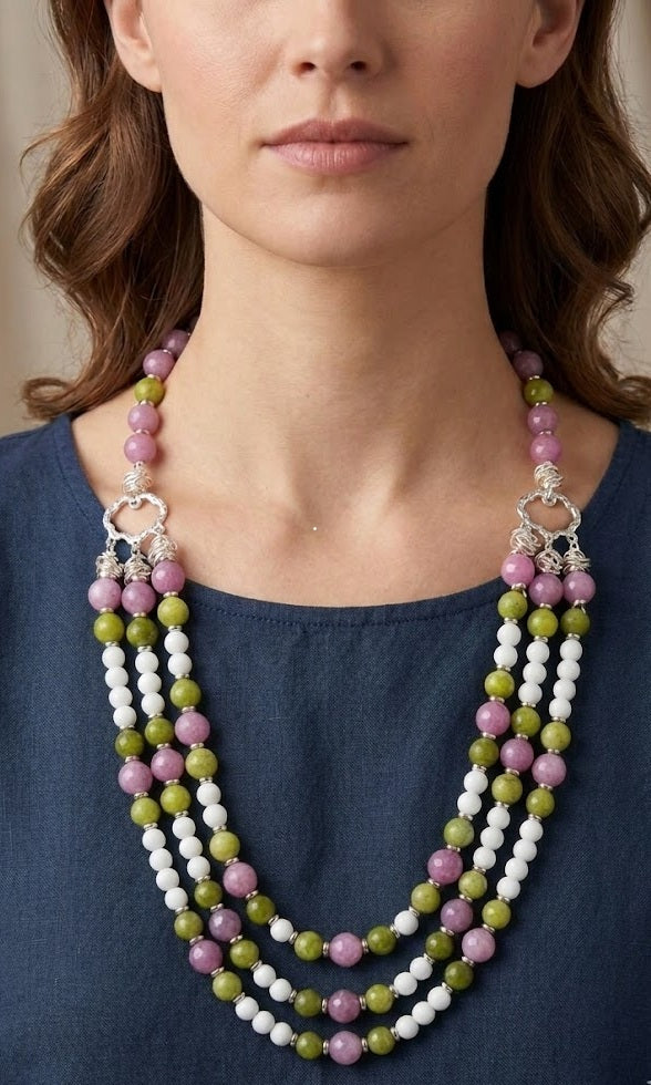 Collana Girocollo Multifilo in Quarzo Rosa, Opale e Serpentino | Handmade Italia