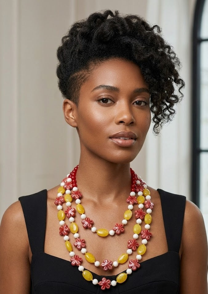 Collana Multifilo in Giada, Agata e Inserti in Ceramica a Fiore | Handmade Italia