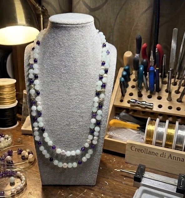 Collana Girocollo Multifilo in Agata, Giadeite, Perle di Fiume e Cristalli | Handmade