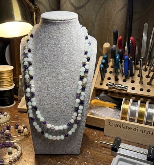 Collana Girocollo Multifilo Artigianale | Agata, Giadeite, Perle di Fiume e Cristalli | Made in Italy
