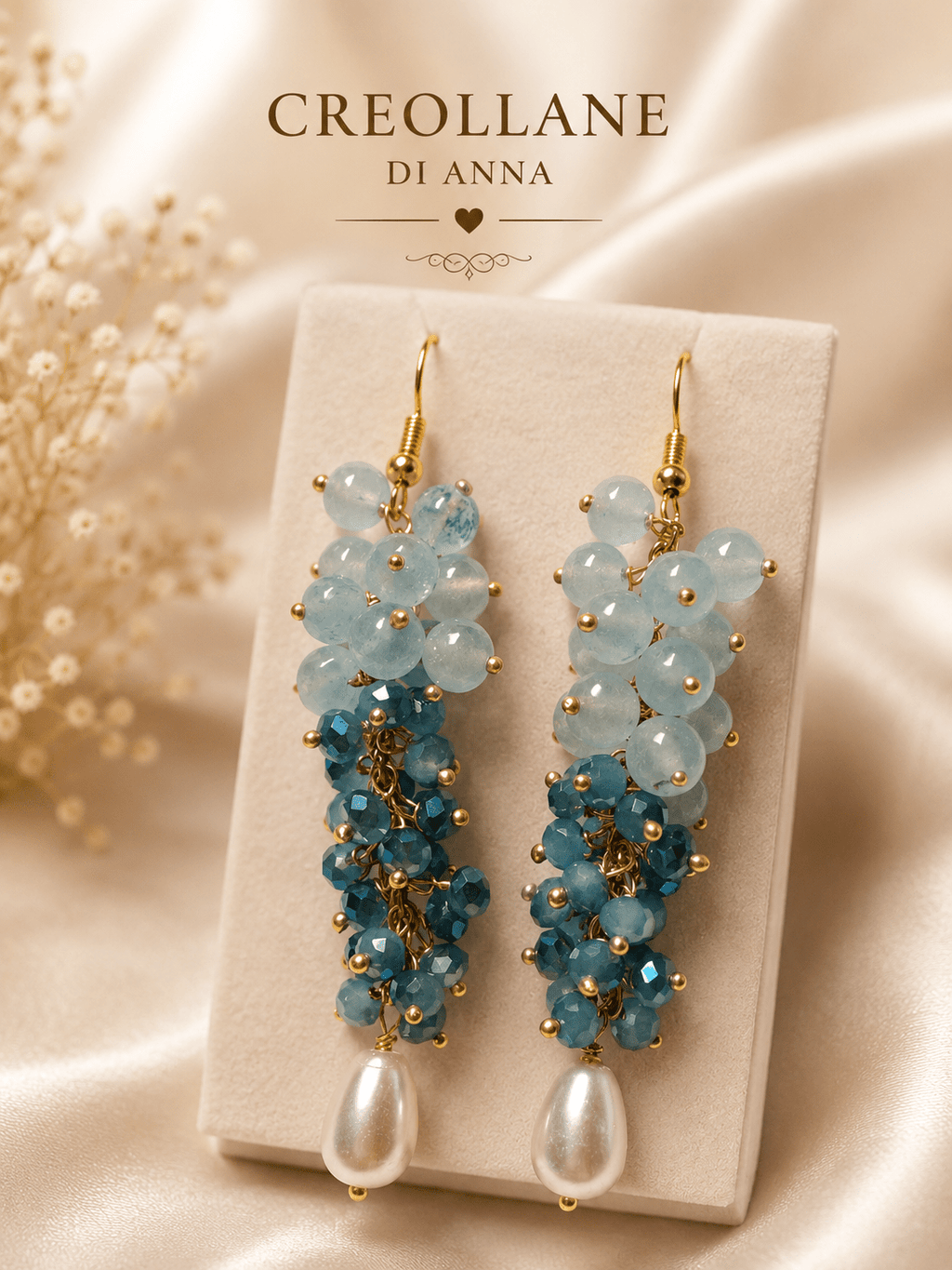 Orecchini Orecchini a Grappolo Cristalli Azzurri Sfaccettati e Acquamarina – Handmade - Handmade Made in Italy