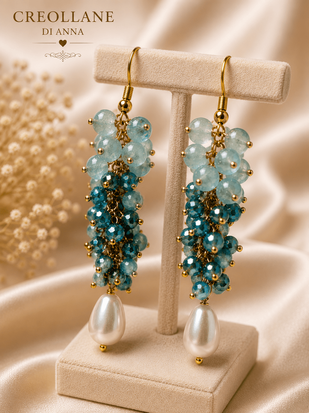 Orecchini Orecchini a Grappolo Cristalli Azzurri Sfaccettati e Acquamarina – Handmade - Handmade Made in Italy