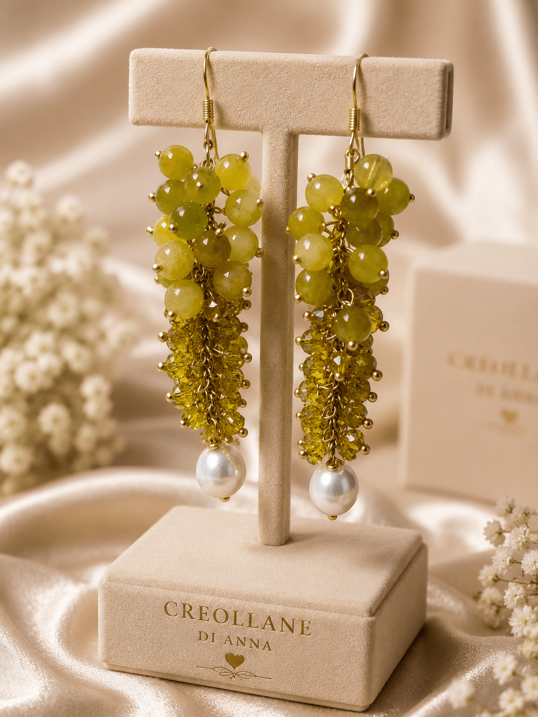 Orecchini Orecchini a Grappolo Cristalli Giallo Ocra e Serpentino – Handmade - Handmade Made in Italy