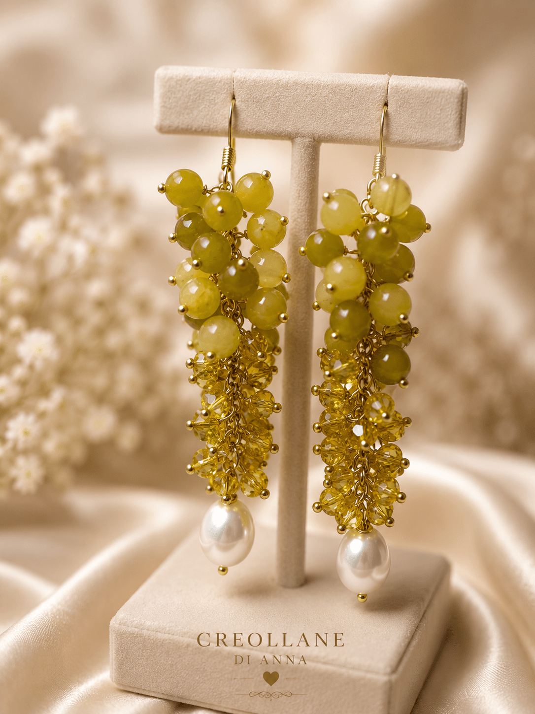 Orecchini Orecchini a Grappolo Cristalli Giallo Ocra e Serpentino – Handmade - Handmade Made in Italy