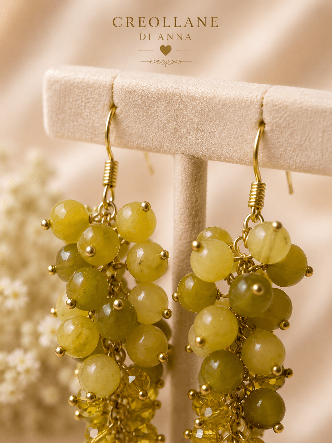 Orecchini Orecchini a Grappolo Cristalli Giallo Ocra e Serpentino – Handmade - Handmade Made in Italy