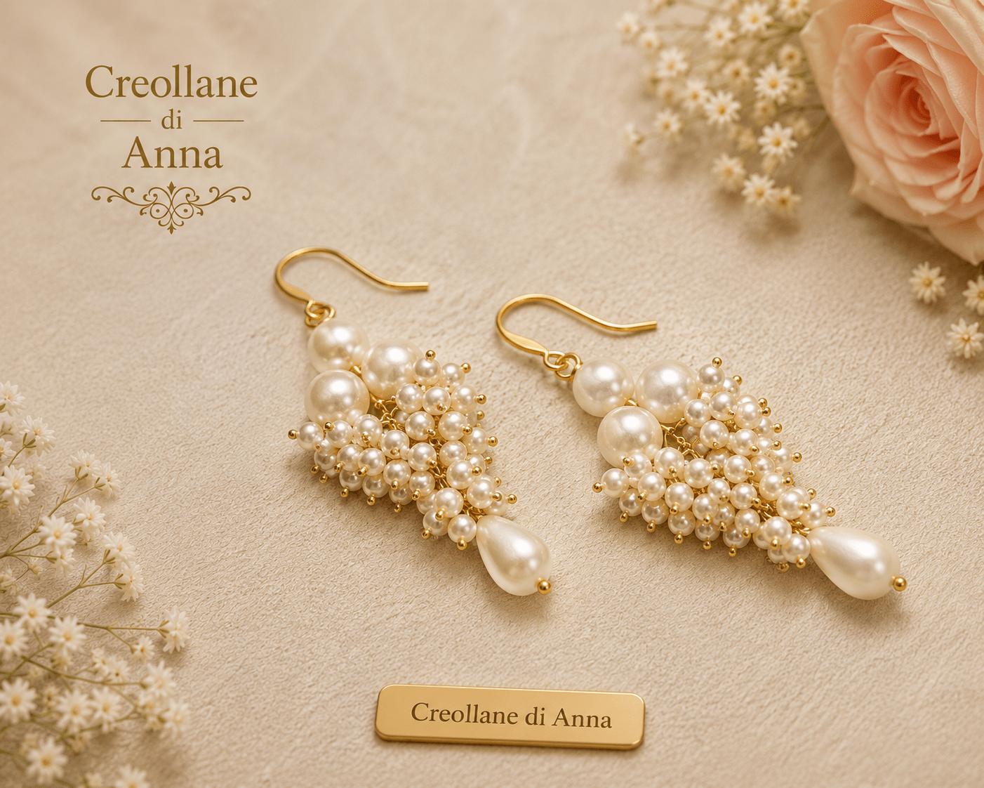 Orecchini Orecchini Pendenti a Grappolo Artigianali Handmade | Perle Coltivate e Finiture in Metallo Dorato | Made in Italy - Handmade Made in Italy