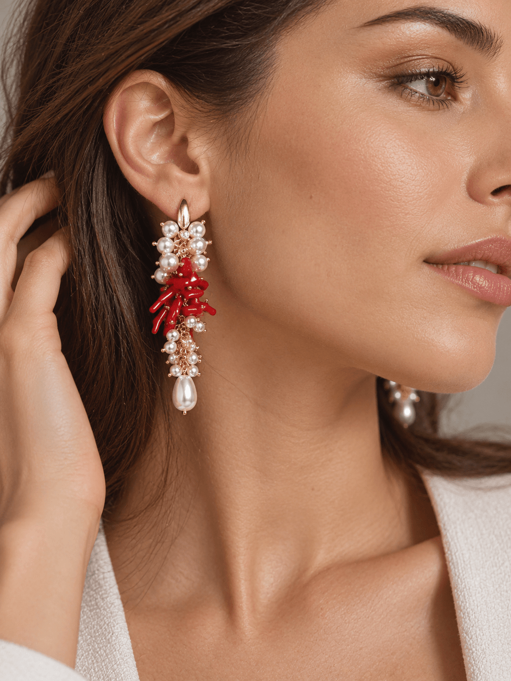 Orecchini Orecchini pendenti a grappolo con corallo bambù rosso e perle di Maiorca | Made in Italy - Handmade Made in Italy
