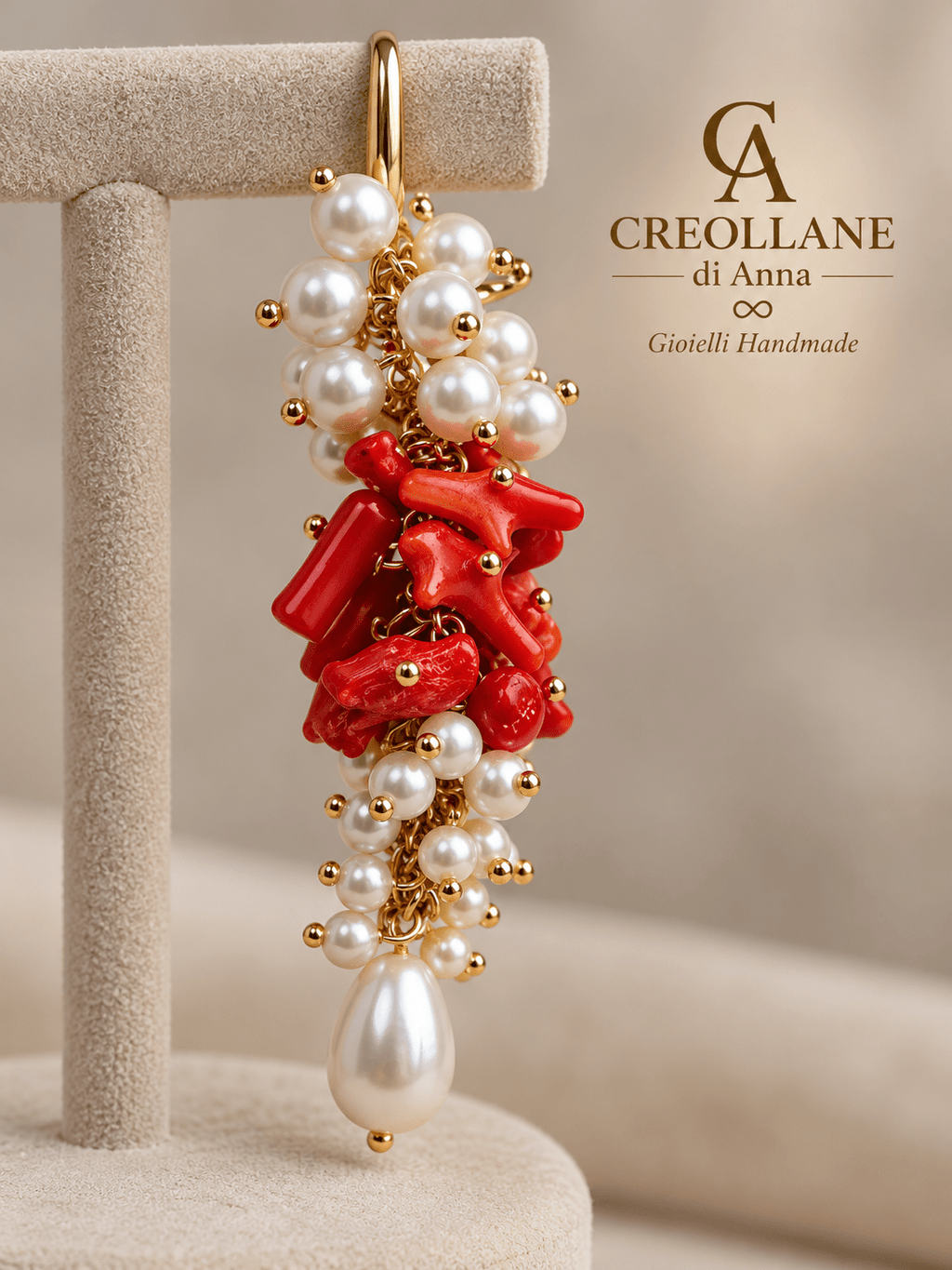 Orecchini Orecchini pendenti a grappolo con corallo bambù rosso e perle di Maiorca | Made in Italy - Handmade Made in Italy