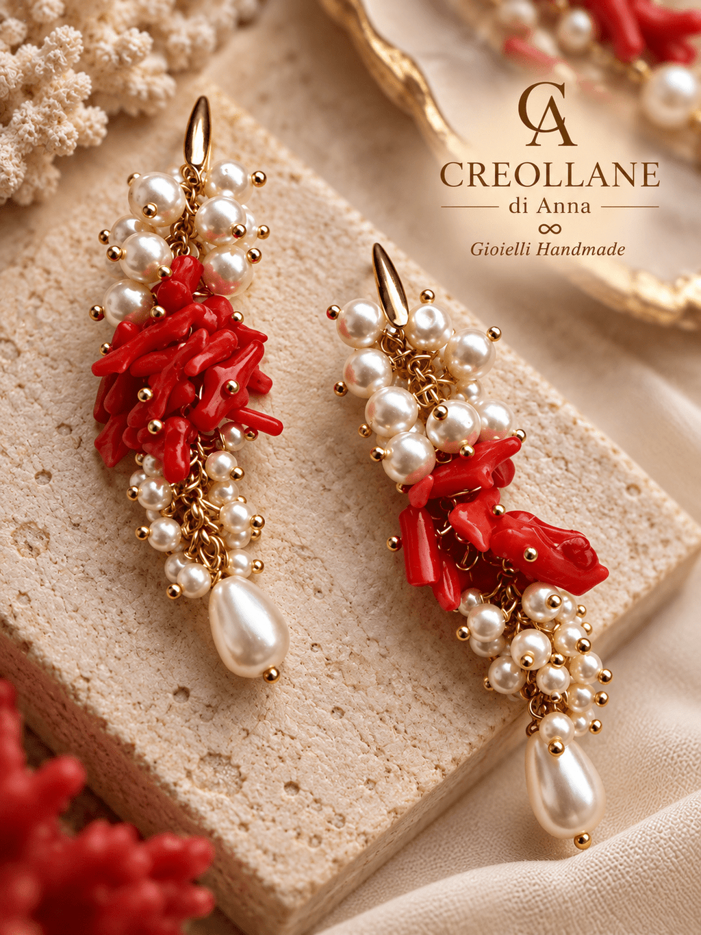 Orecchini Orecchini pendenti a grappolo con corallo bambù rosso e perle di Maiorca | Made in Italy - Handmade Made in Italy