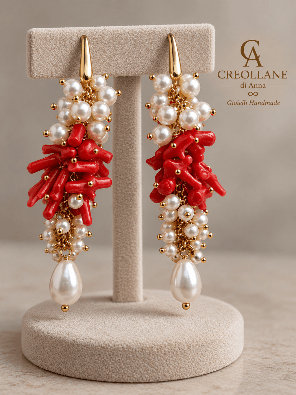 Orecchini Orecchini pendenti a grappolo con corallo bambù rosso e perle di Maiorca | Made in Italy - Handmade Made in Italy
