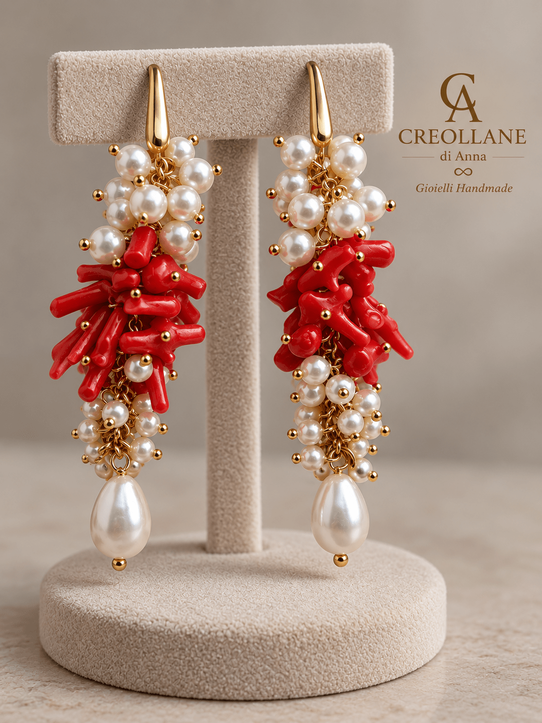 Orecchini Orecchini pendenti a grappolo con corallo bambù rosso e perle di Maiorca | Made in Italy - Handmade Made in Italy