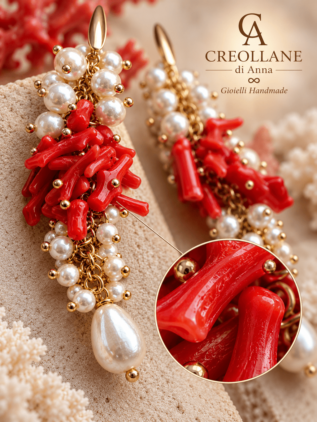 Orecchini Orecchini pendenti a grappolo con corallo bambù rosso e perle di Maiorca | Made in Italy - Handmade Made in Italy