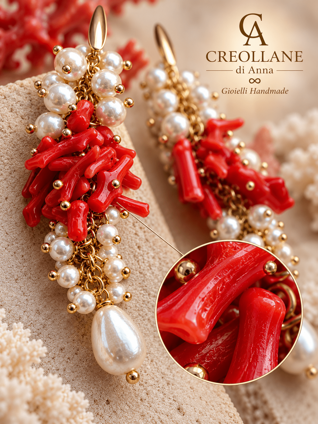 Orecchini Orecchini pendenti a grappolo con corallo bambù rosso e perle di Maiorca | Made in Italy - Handmade Made in Italy
