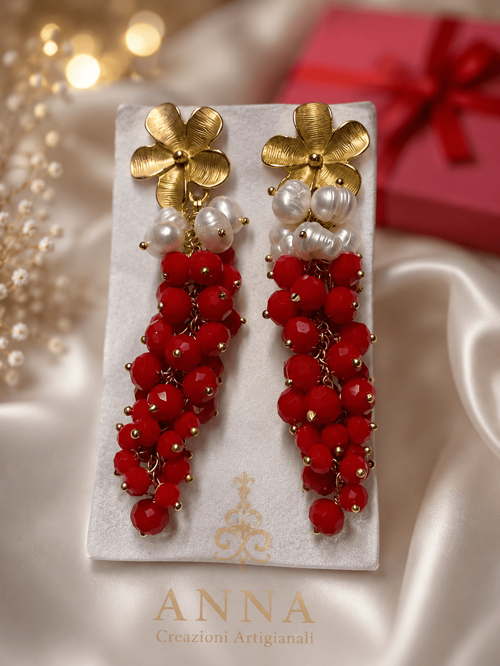 Orecchini Orecchini Pendenti Artigianali Handmade | Cristalli Rossi Sfaccettati e Perle Naturali | Made in Italy - Handmade Made in Italy