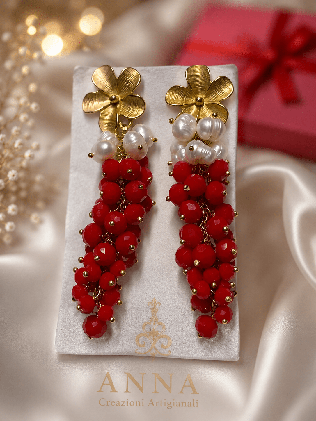 Orecchini Orecchini Pendenti Artigianali Handmade | Cristalli Rossi Sfaccettati e Perle Naturali | Made in Italy - Handmade Made in Italy