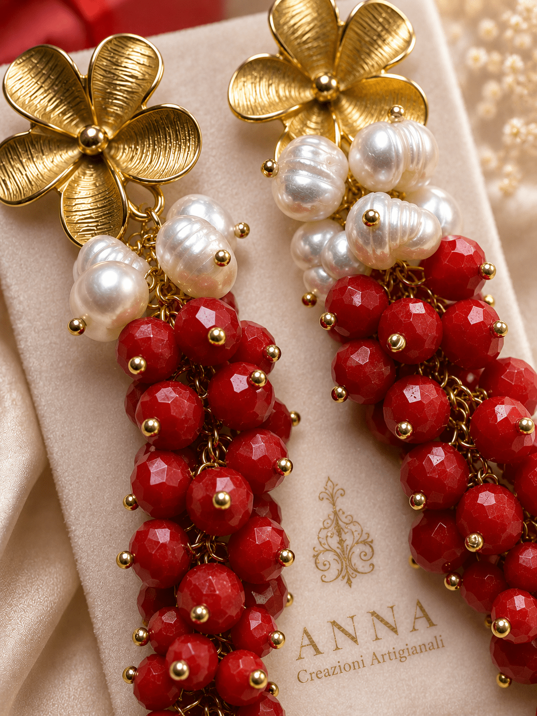 Orecchini Orecchini Pendenti Artigianali Handmade | Cristalli Rossi Sfaccettati e Perle Naturali | Made in Italy - Handmade Made in Italy