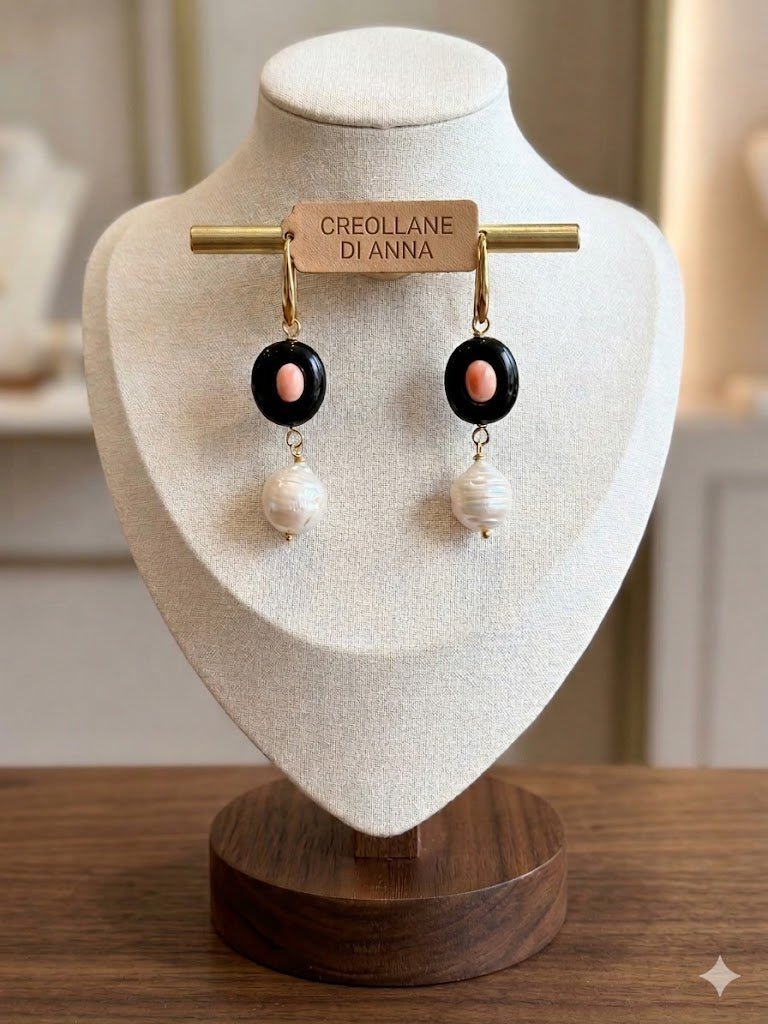 Orecchini Orecchini Pendenti Donna in Onice e Perle di Fiume | Handmade Italia - Handmade Made in Italy