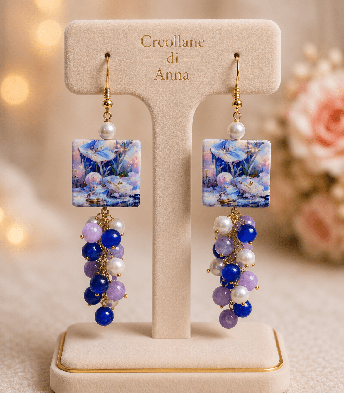 Orecchini Pendenti Lunghi Artigianali | Ceramica Maiolica con Paesaggio Dipinto | Made in Italy