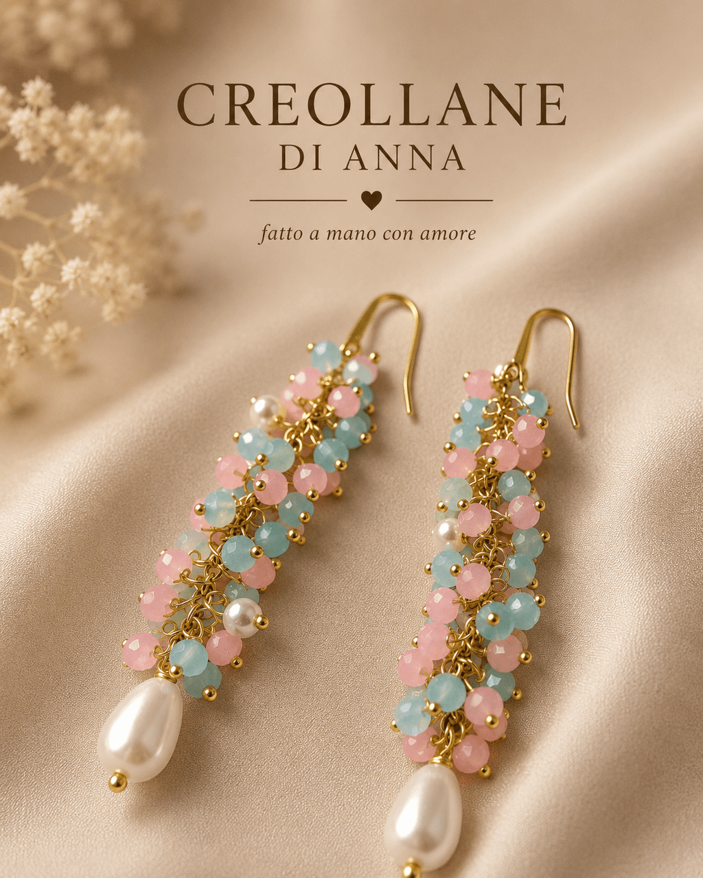 Orecchini Orecchini Pendenti Lunghi Artigianali Handmade | Cristalli Celesti, Rosa e Perle di Fiume con Dettagli Oro | Made in Italy - Handmade Made in Italy