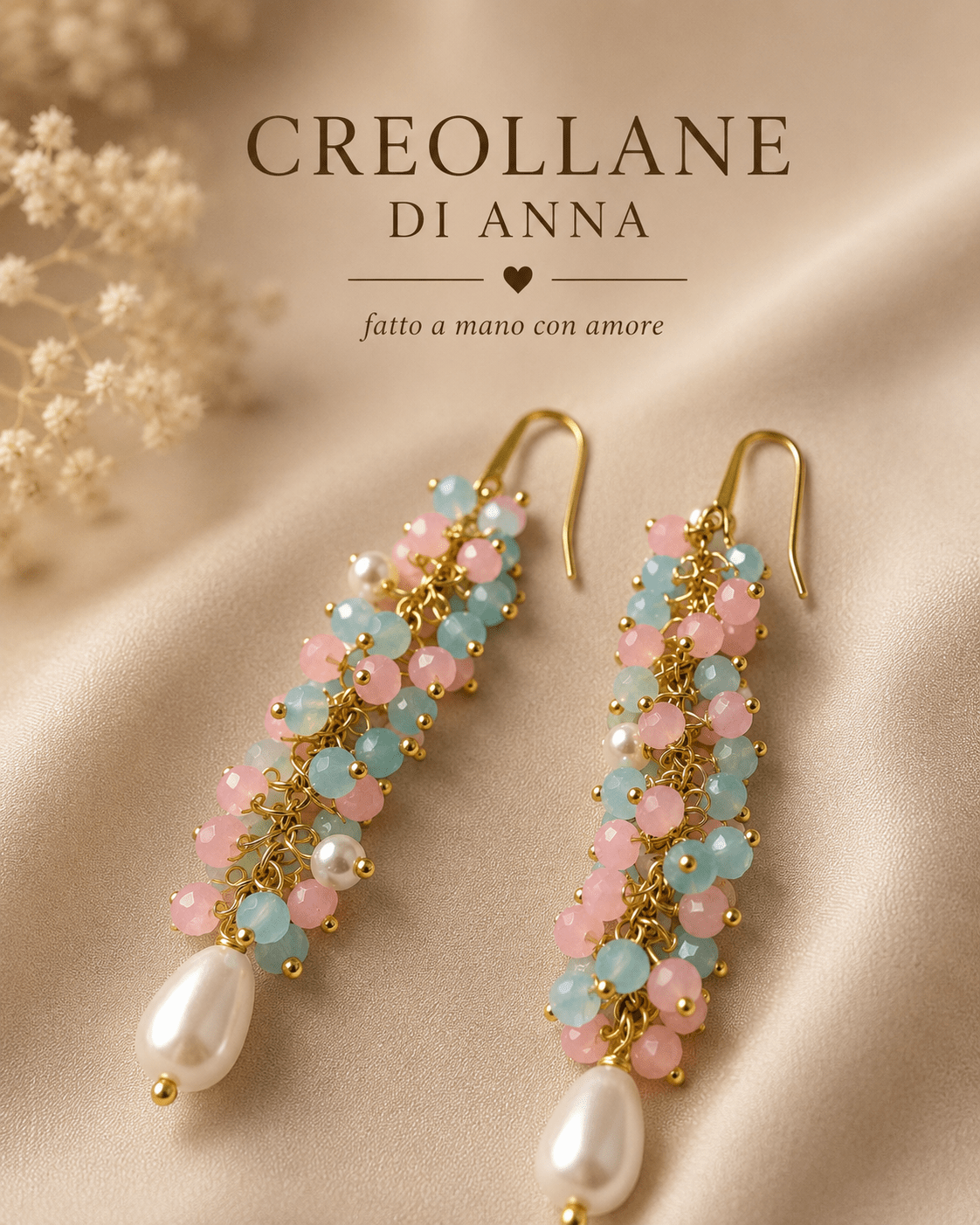 Orecchini Orecchini Pendenti Lunghi Artigianali Handmade | Cristalli Celesti, Rosa e Perle di Fiume con Dettagli Oro | Made in Italy - Handmade Made in Italy