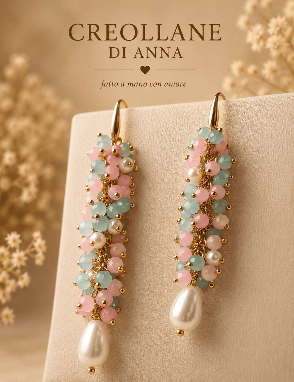 Orecchini Orecchini Pendenti Lunghi Artigianali Handmade | Cristalli Celesti, Rosa e Perle di Fiume con Dettagli Oro | Made in Italy - Handmade Made in Italy